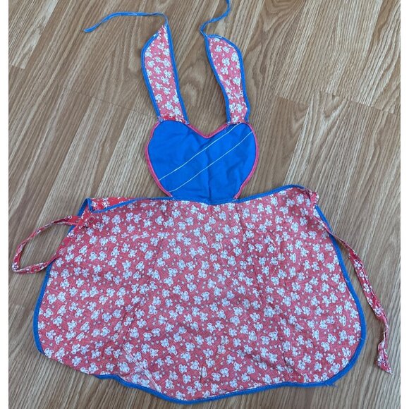 Vintage Kids Red Blue Bells Print Apron Heart-Shaped Details Adjustable Ties - Picture 5 of 8